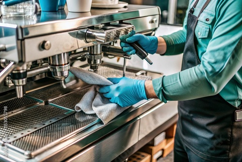 Technician Cleaning Commercial Coffee Machine, Disassembling Components in Café Setting