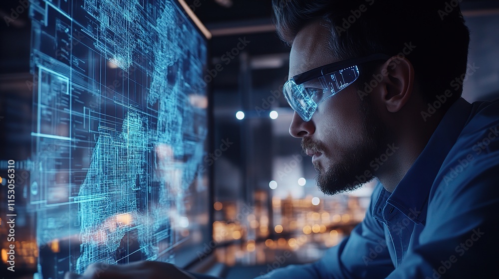 Fototapeta premium Civil Engineer Working Diligently with Digital Interfaces and Data