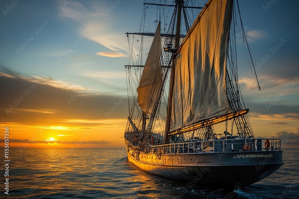 Obraz premium Sailing ship at sunset on calm waters.