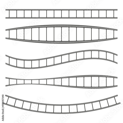 Filmstrip vector set. Curved movie roll. Cinematic design elements. Photography concept shapes.