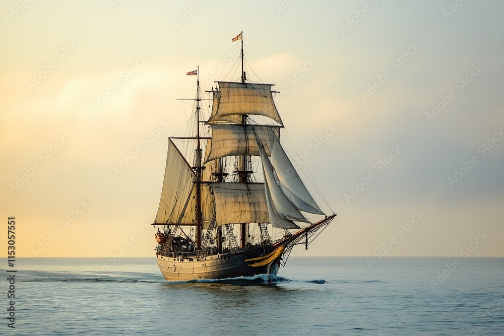 Obraz premium Sailing ship navigating calm waters at sunset.