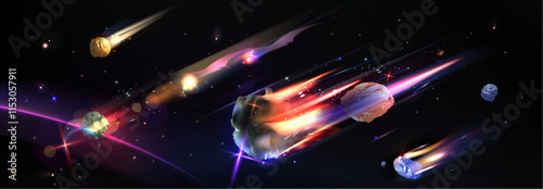 Flaming asteroid shower - meteors with glowing plasma and fire trails, crystalline space rocks with vibrant light beams, burning comets flying through galactic. Cosmic sparkling stars and effects.