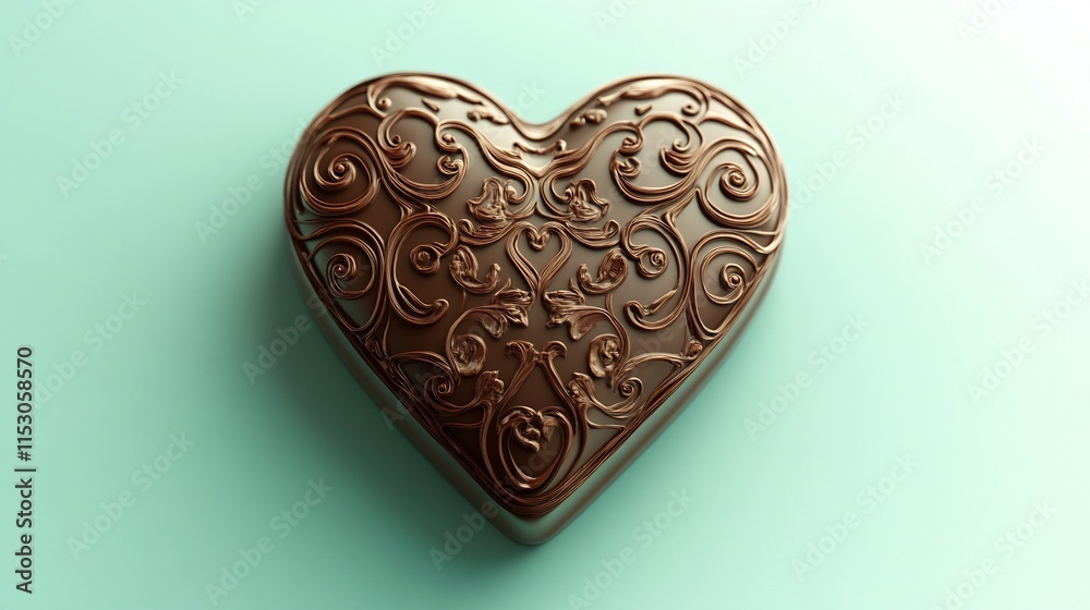 Exquisite 3D Rendered Gourmet Chocolate Heart with Intricate Scroll Design on Mint Green Background Exquisite 3D Rendered Gourmet Chocolate Heart with Intricate Scroll Design on Mint Green Background