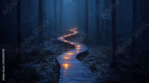 Magical Forest Path with Lights at Night photo