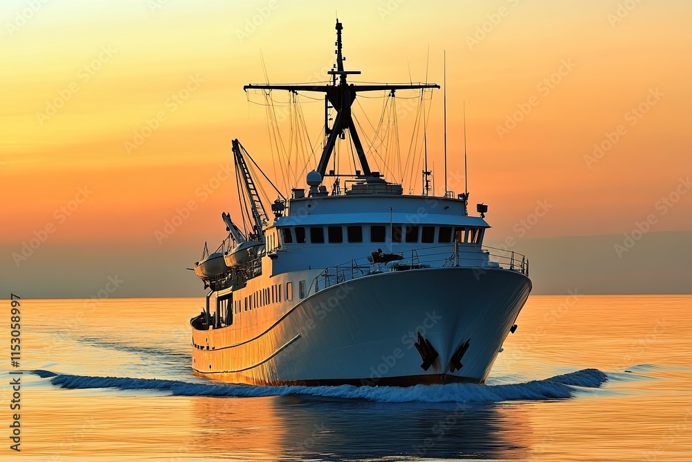Fototapeta premium Ship navigating calm waters at sunset.