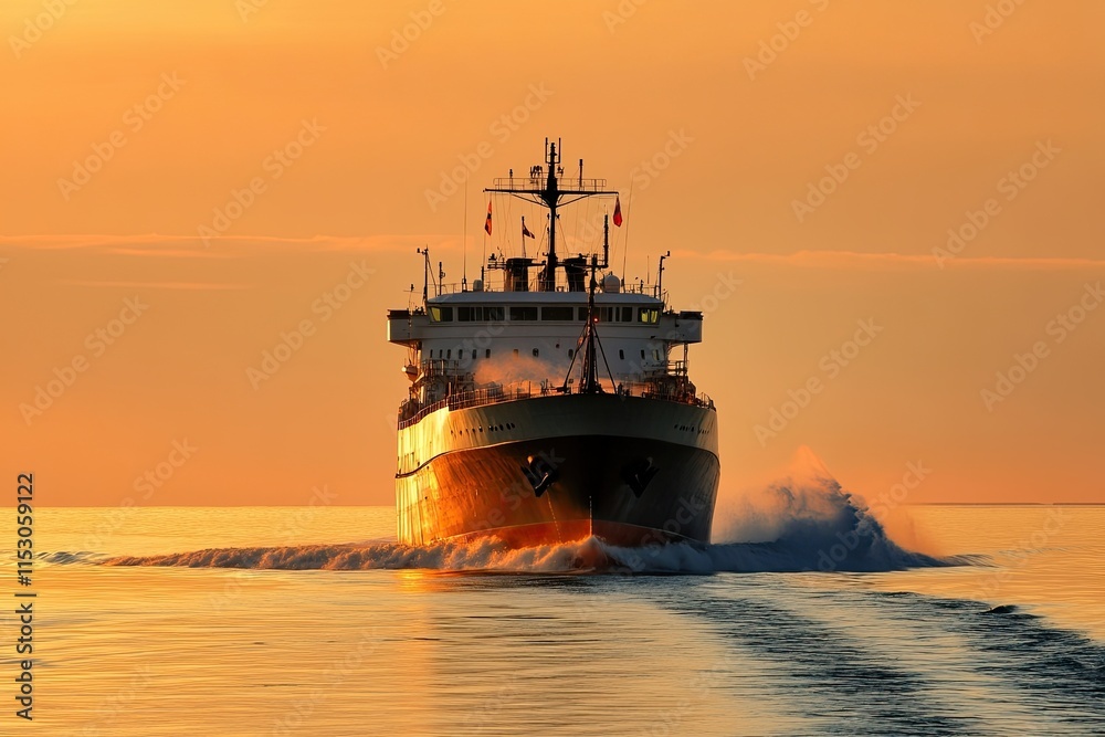 Ship navigating through calm waters at sunset. Ship navigating through calm waters at sunset.