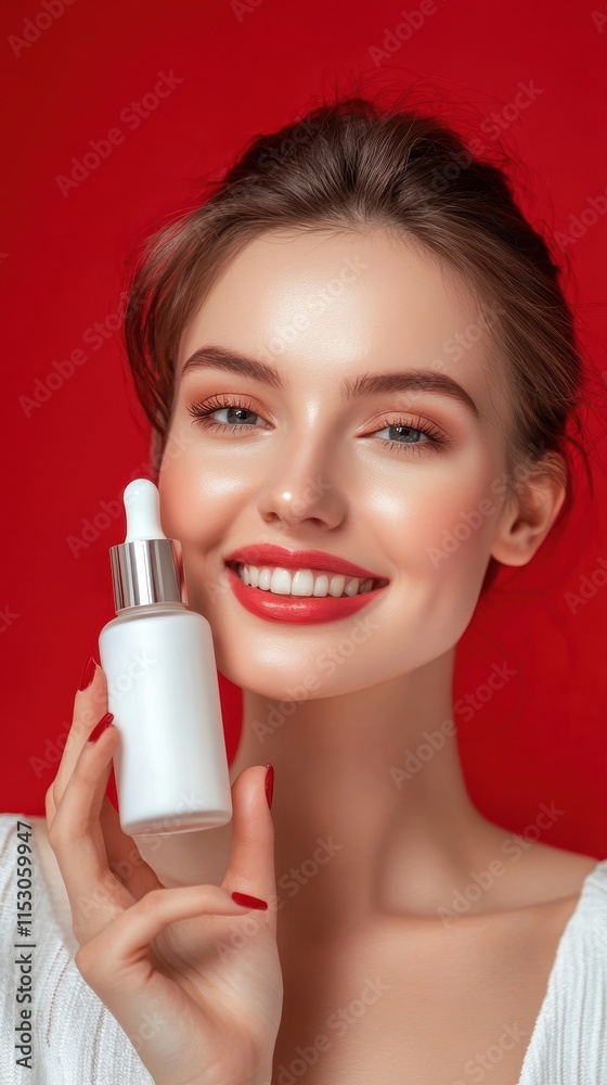 Radiant Beauty Skincare: Woman with Glowing Skin Holding a Bottle of Serum Against a Red Background Radiant Beauty Skincare: Woman with Glowing Skin Holding a Bottle of Serum Against a Red Background