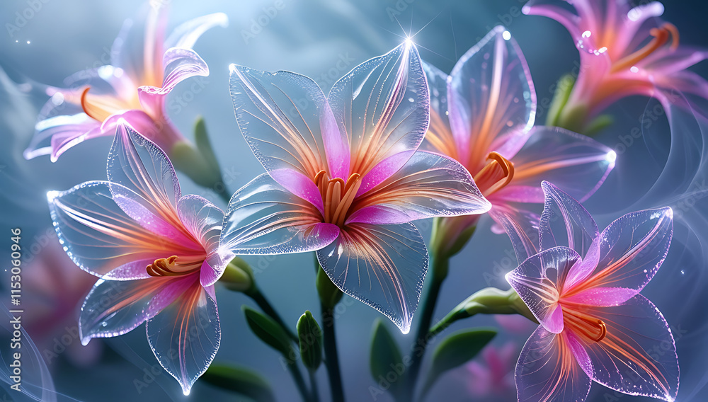 Fototapeta premium A beautiful spectrum of Alstroemerias flowers with delicate, translucent petals illuminated by soft light. Created with generative AI