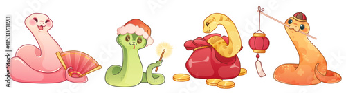 Adorable chinese zodiac snake characters with cultural elements - pink serpent with fan, green creature with sparkler, yellow python with red money bag and orange reptile carrying traditional lantern.