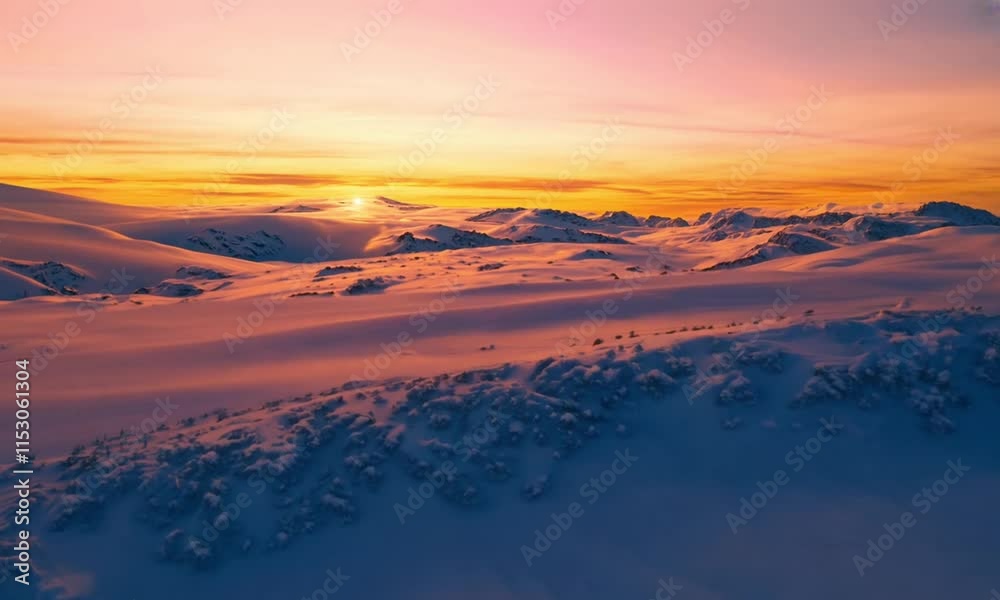 Sunset over serene snowy landscape in the mountains creates a peaceful winter scene Sunset over serene snowy landscape in the mountains creates a peaceful winter scene