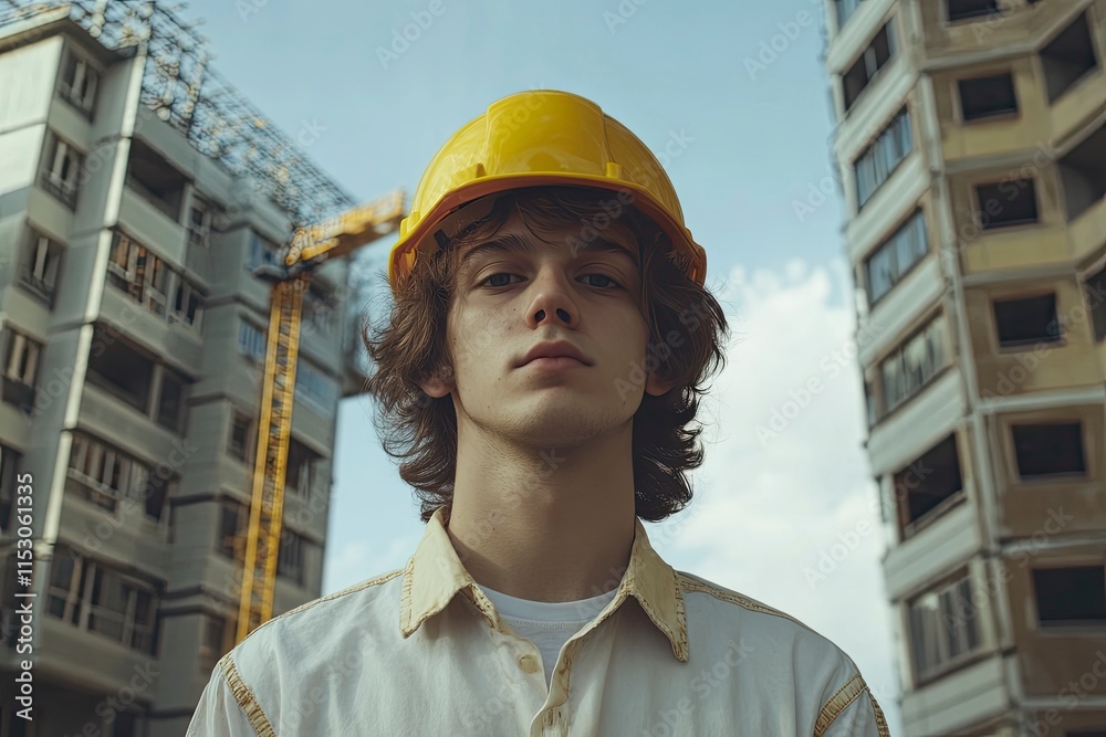 Young architect with yellow helmet near his workplace Young architect with yellow helmet near his workplace