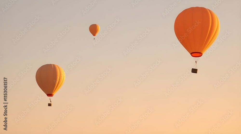 Fototapeta premium Three hot air balloons float gracefully in a clear, pale evening sky. The warm hues of the balloons stand out against the serene backdrop, suggesting a calm and peaceful ambiance.