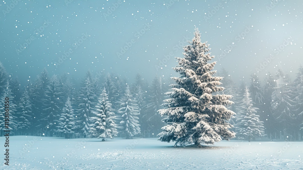 Snow-covered evergreen tree in a winter forest during a snowfall. Snow-covered evergreen tree in a winter forest during a snowfall.