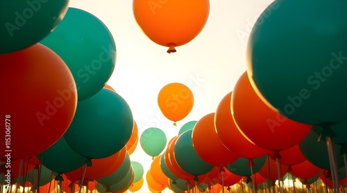 Colorful orange and teal balloons fill the sky, creating a vibrant and festive atmosphere. The perspective gives a sense of looking up at a sky filled with floating balloons. photo