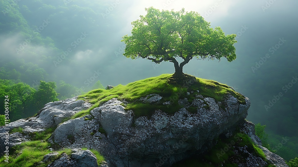 Majestic Tree on Mountaintop Rock Scenic Landscape Majestic Tree on Mountaintop Rock Scenic Landscape