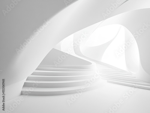 Abstract white architecture interior with curved walls and stairs.
