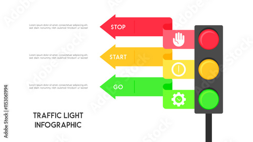 Traffic Light Infographic with Light Arrows Color Icon for Stop, Start, and Go