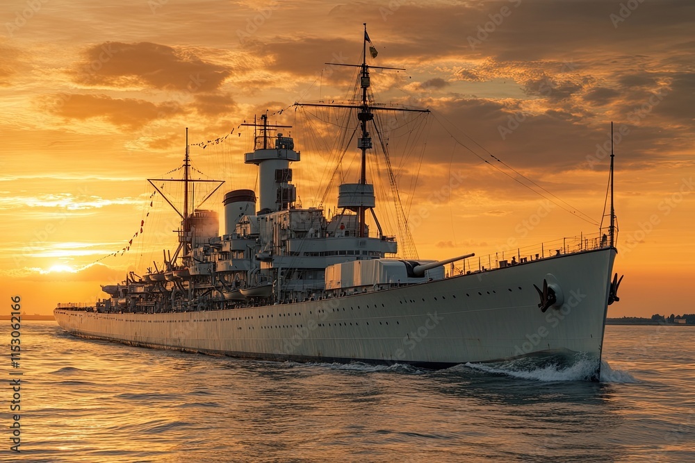 Fototapeta premium Warship sailing at sunset, showcasing naval power.