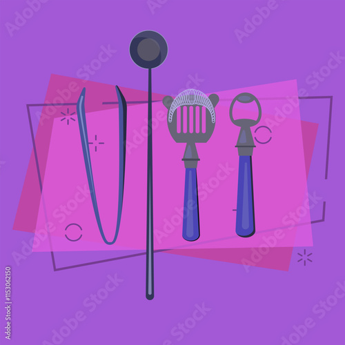 Barman equipment flat illustration. Bottle opener, ice tongs, stirrer, strainer. Bar concept. Vector illustration can be used for topics like drinks, beverage, utensils