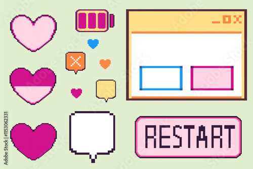 Pixel art game UI collection - hearts in different sizes, battery indicator, chat bubbles, interface frames and restart button. Vector set for retro gaming assets and 8-bit style interfaces.