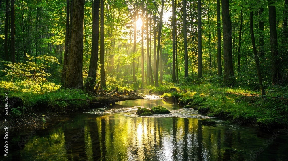 Sunlit Forest Stream Reflecting Trees And Sky Sunlit Forest Stream Reflecting Trees And Sky