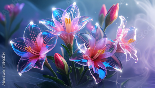 A beautiful spectrum of Alstroemerias flowers with delicate, translucent petals illuminated by soft light. Created with generative AI