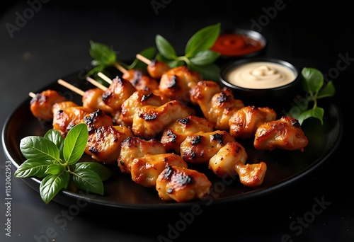 Grilled chicken kebab with vegetables and greenson a black plate on a dark slate, stone or concrete background. Top view with copy space.
 photo