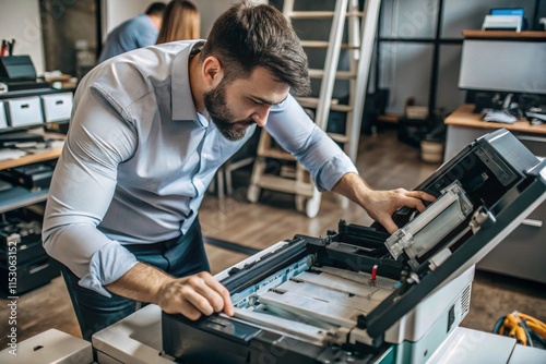 Photocopier Technician Refilling Toner and Replacing Cartridges in Office Environment