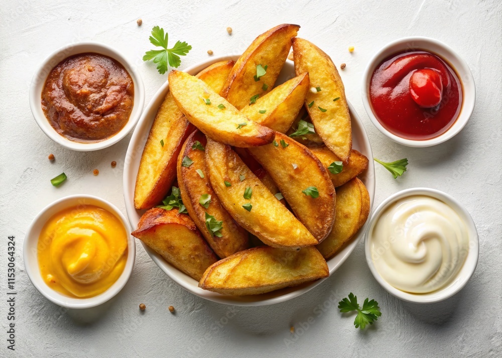 Crispy Fried Potato Wedges with Dipping Sauces - Top View Isolated on White Crispy Fried Potato Wedges with Dipping Sauces - Top View Isolated on White