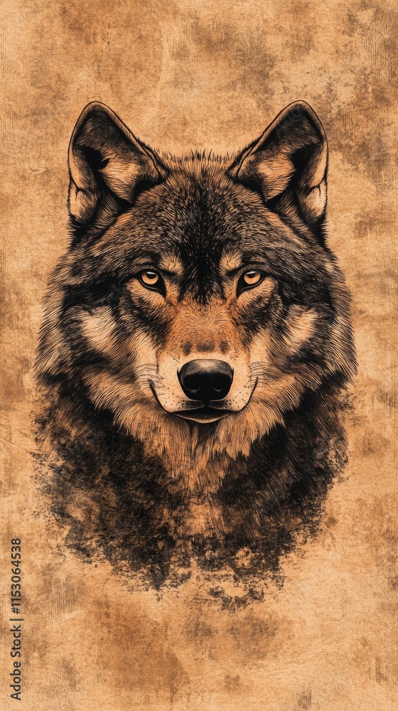 Obraz premium A detailed illustration of a wolf's head on a textured background.