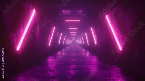 Wallpaper Mural Neon light tunnel perspective. Vector realistic illustration of dark hall with triangular shape geometric lamps, purple and pink color illumination glowing in dark corridor, futuristic virtual portal Torontodigital.ca