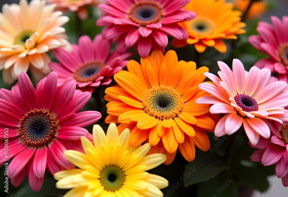 Gerberas of various varieties and colors, close up view
Gerberas of various varieties and colors, close up view