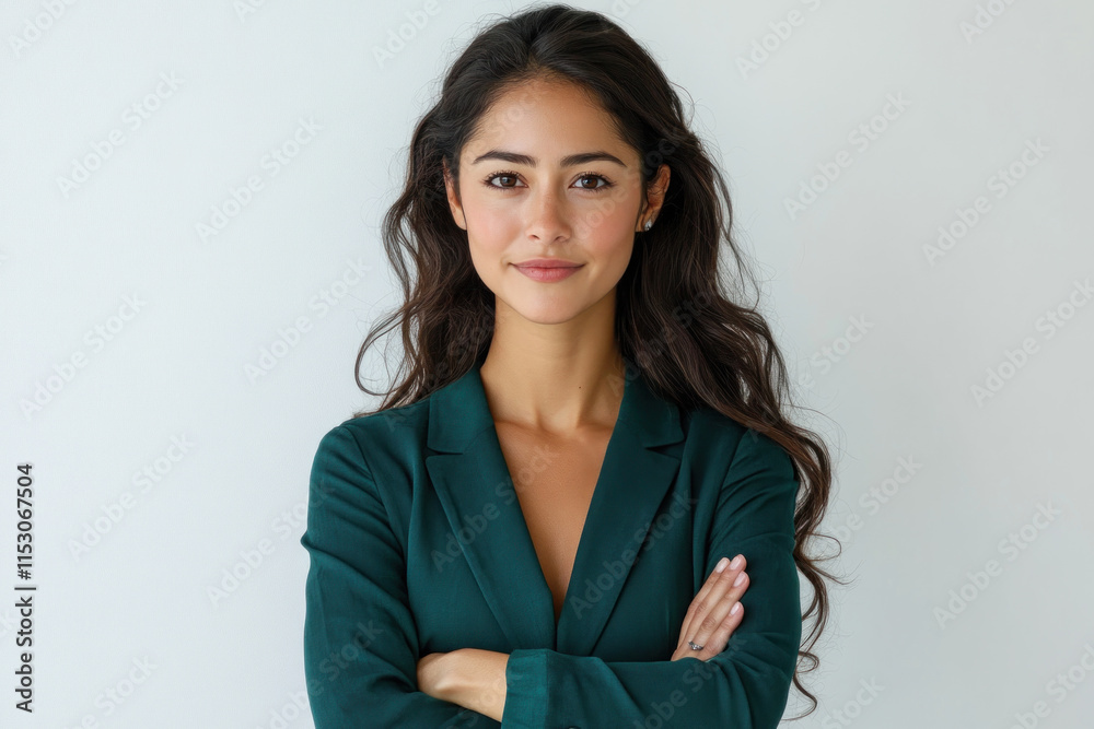 Woman in green suit standing, arms crossed. Background of cityscape with tall buildings. Confident posture and professional demeanor. Woman in green suit standing, arms crossed. Background of cityscape with tall buildings. Confident posture and professional demeanor.