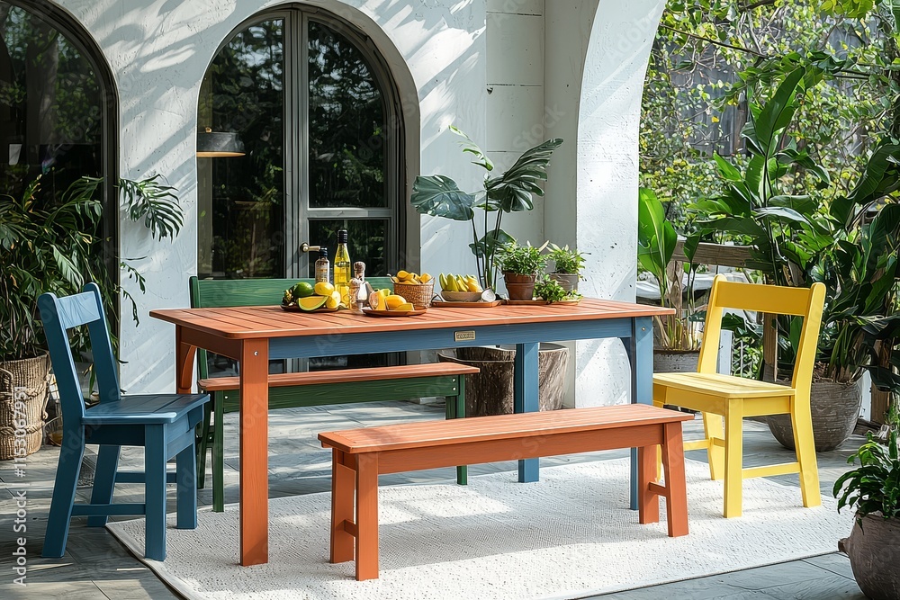 Fototapeta premium Colorful wooden outdoor dining set with table, two chairs, and bench, white area rug, green plants, and natural light through a white arched window frame.