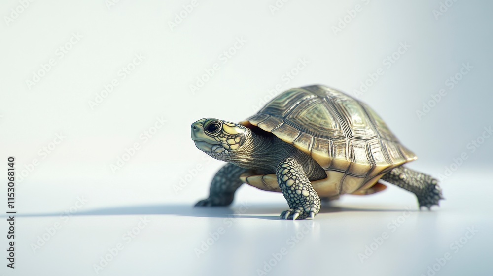Obraz premium Baby Turtle Walking Forward on White Background