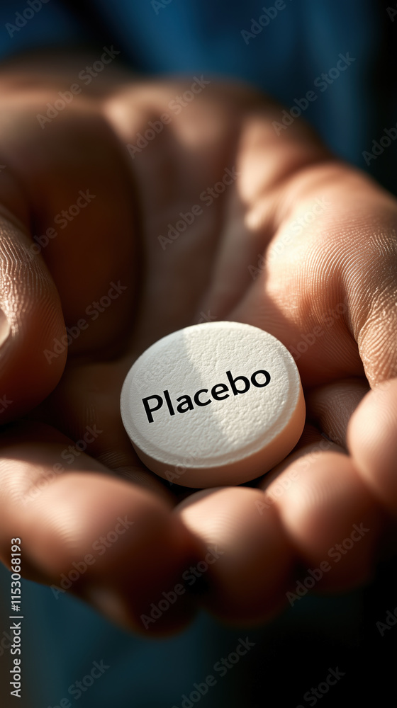White pill labeled placebo held in person hand, symbolizing health White pill labeled placebo held in person hand, symbolizing health