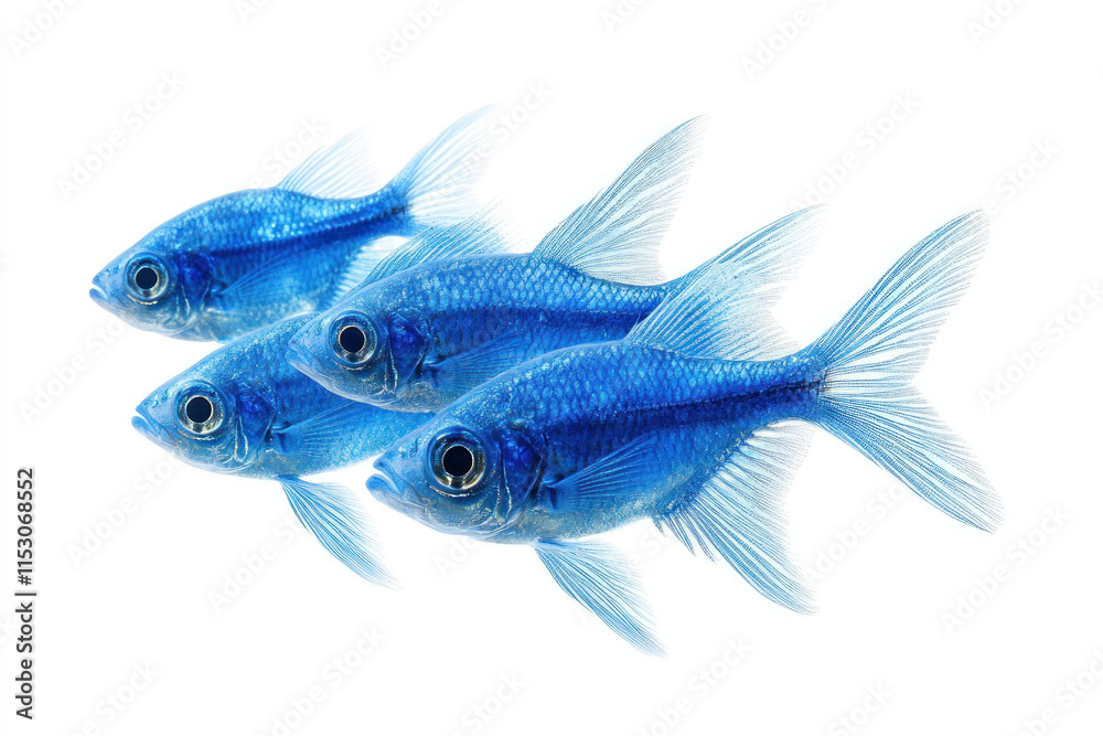 Fototapeta premium Two blue fish swimming gracefully on a white background.
