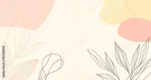 Abstract pastel background with delicate line art leaves and organic shapes.