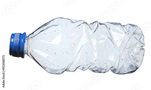 close up used transparent PET plastic water bottle on white background; sustainable environment concept.