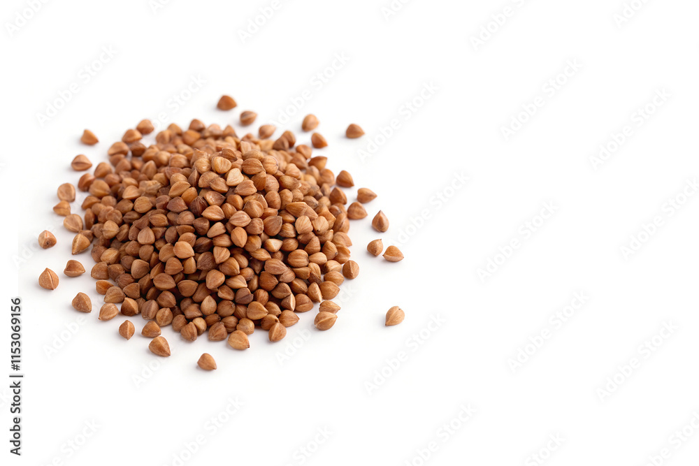 Pile of Brown Buckwheat Groats Placed on Left Side of White Background Pile of Brown Buckwheat Groats Placed on Left Side of White Background