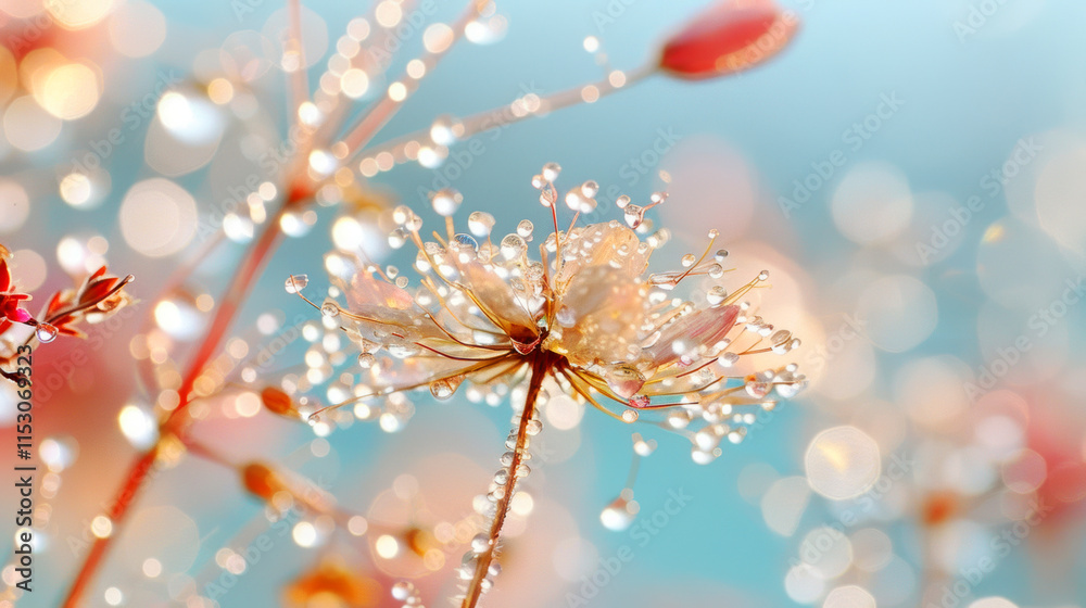 Fototapeta premium Macro of Beautiful blooming dandelion seeds parachute flower petal with water dew drops and splash atmosphere after rain 