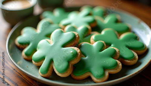 Festive green shamrock cookies for St. Patrick’s Day on a wooden table with coffee