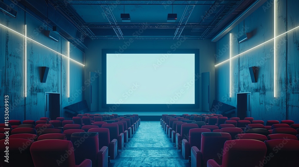 Empty Modern Movie Theater with Blank Screen and Blue Lighting Empty Modern Movie Theater with Blank Screen and Blue Lighting