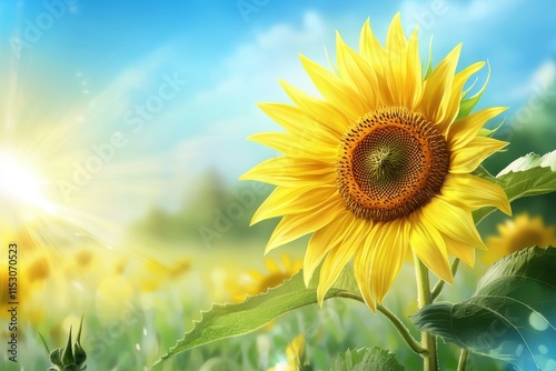 A bright sunflower stands tall under the sun, symbolizing joy and positivity in a vibrant landscape filled with nature's beauty.