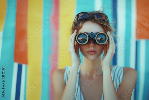 Seeking New Horizons: A woman with a curious gaze, holding binoculars, stands before a vibrant backdrop of colorful stripes, suggesting a journey of discovery and exploration. photo