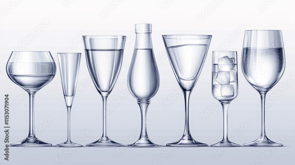 3d cocktail glasses set isolated on transparent background. Vector realistic illustration of empty containers for alcohol, juice, water, light reflection on glassware surface, party design elements 3d cocktail glasses set isolated on transparent background. Vector realistic illustration of empty containers for alcohol, juice, water, light reflection on glassware surface, party design elements