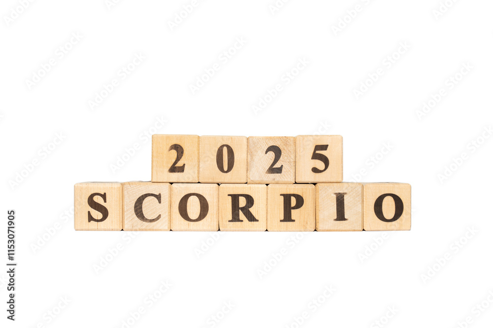 Scorpio zodiac sign word in wooden cubes. White background. Set of astrology symbols. Horoscope 2025 October 22 November 23. Scorpio zodiac sign word in wooden cubes. White background. Set of astrology symbols. Horoscope 2025 October 22 November 23.