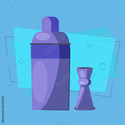 Shaker and jigger flat illustration. Barman equipment, making cocktails, bar. Alcohol concept. Vector illustration can be used for topics like drinks, beverage, utensils