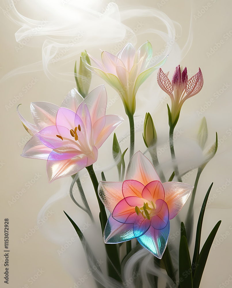 Fototapeta premium A beautiful spectrum of Alstroemerias flowers with delicate, translucent petals illuminated by soft light. Created with generative AI
