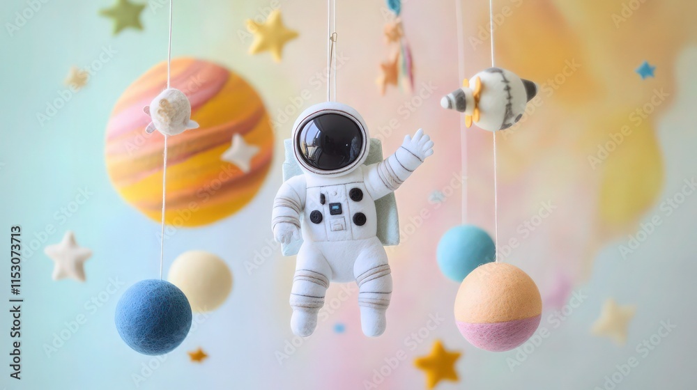 Naklejka premium A handmade baby crib mobile featuring an astronaut crafted from soft, organic fabric, surrounded by colorful felt planets, stars, and a rocket. 